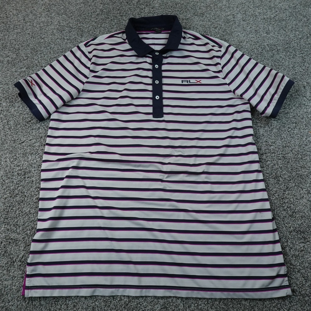 RLX Ralph Lauren Polo Shirt Mens 2XL White Blue Striped Performance Preppy Golf